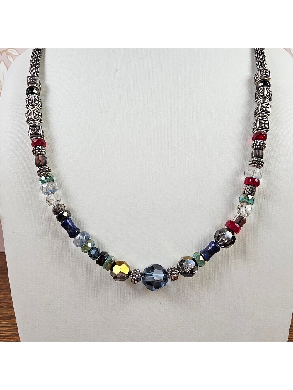 Brighton Silver Mesh Beaded Necklace Crystal Glass Multicolor 17-19 Inch - Picture 2 of 11